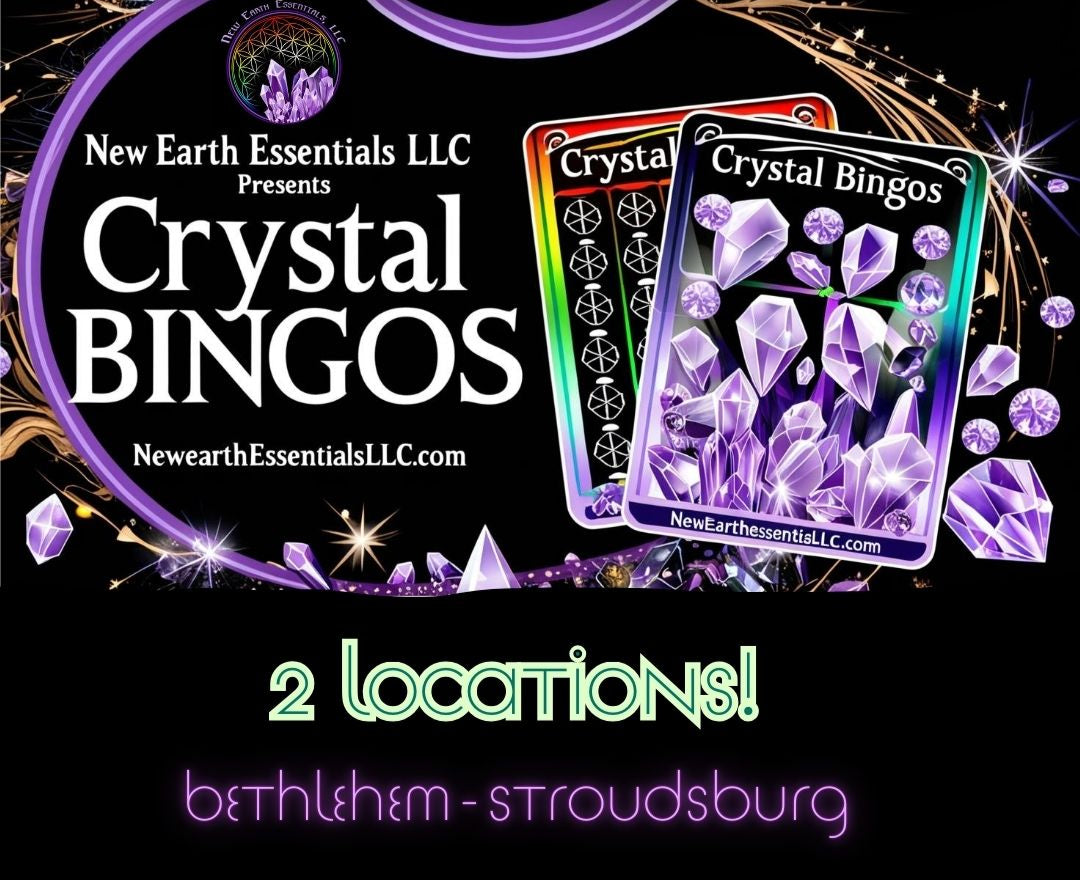 Advertisement for Crystal BINGOS by New Earth Essentials LLC with colorful bingo cards and crystals on a black background.